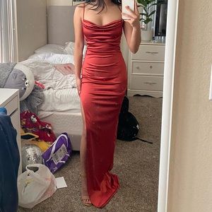 windsor rust lola high slit satin dress 2